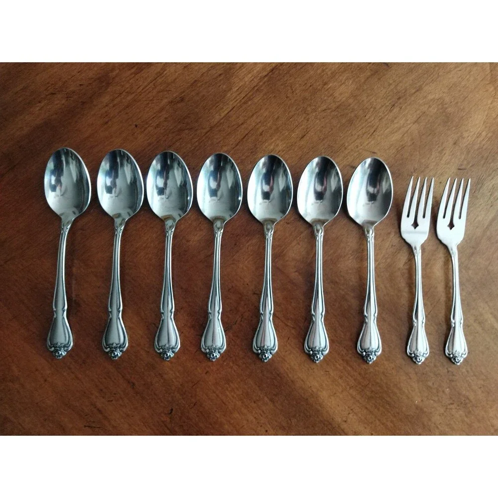 1881 Rogers Oneida Ltd Arbor Rose True Rose Stainless: Lot 7 Table Spoon + Fork